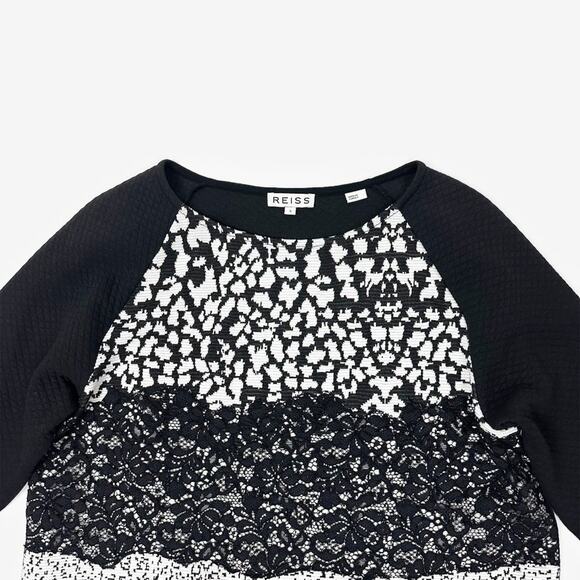 Reiss Melinda Mixed Media Top Small Black White Cotton Blend Lace Abstract - Picture 8 of 13